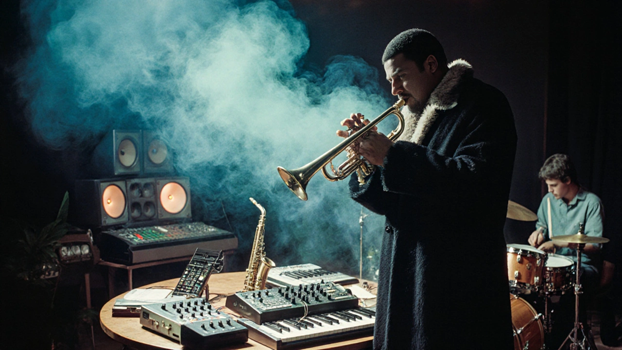 1970s studio scene with Miles Davis playing trumpet among electric instruments.