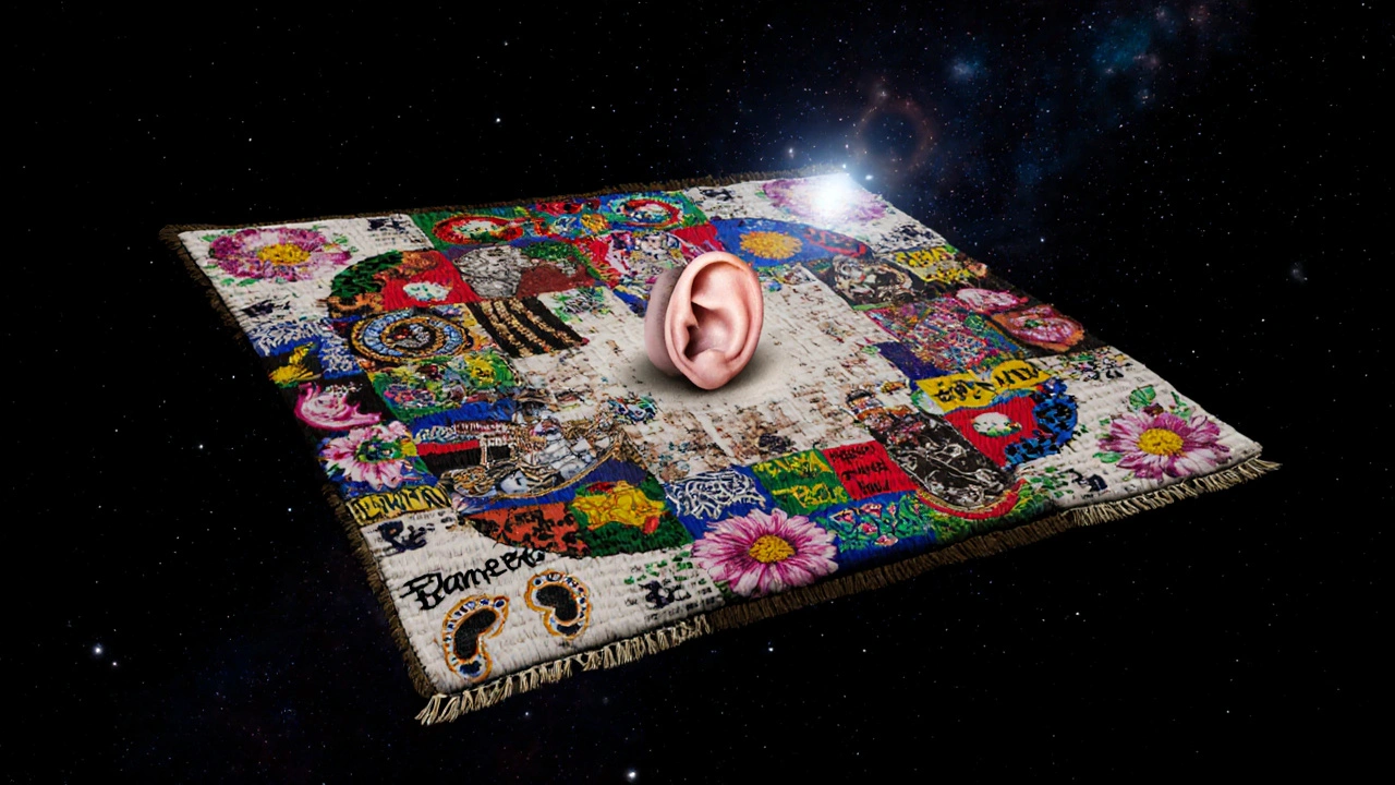 A global tapestry of music cultures woven together, with rhythms, instruments, and melodies forming a cosmic whole.