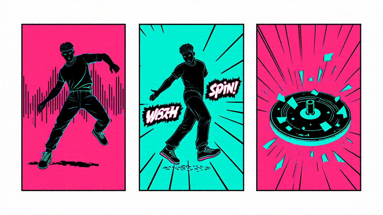 Comic‑style panels showing wobble, T‑step, and glitch spin moves.
