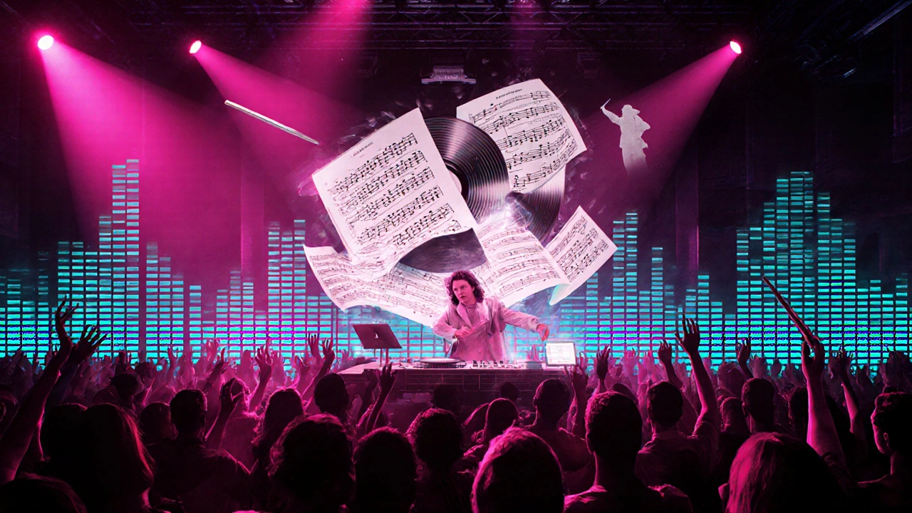 DJ in a neon club spins a record that transforms into Beethoven's Fifth Symphony sheet music.