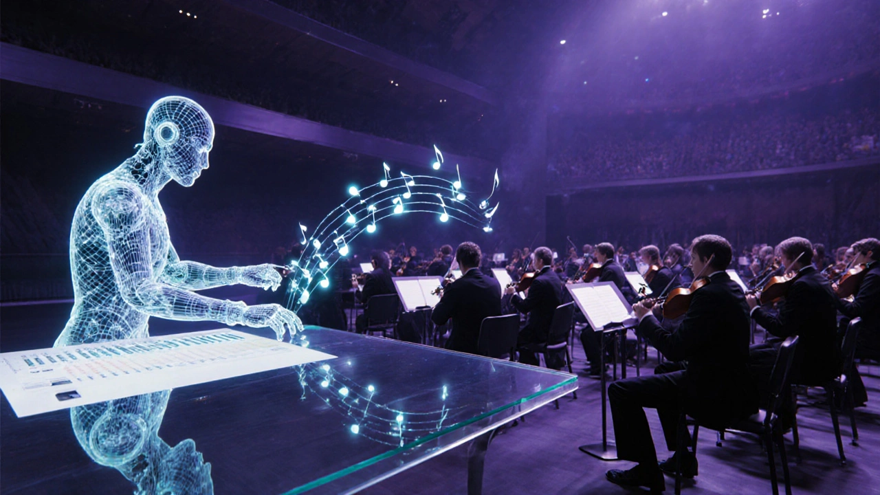 Futuristic AI hologram interacts with a live orchestra, linking classical and digital music.