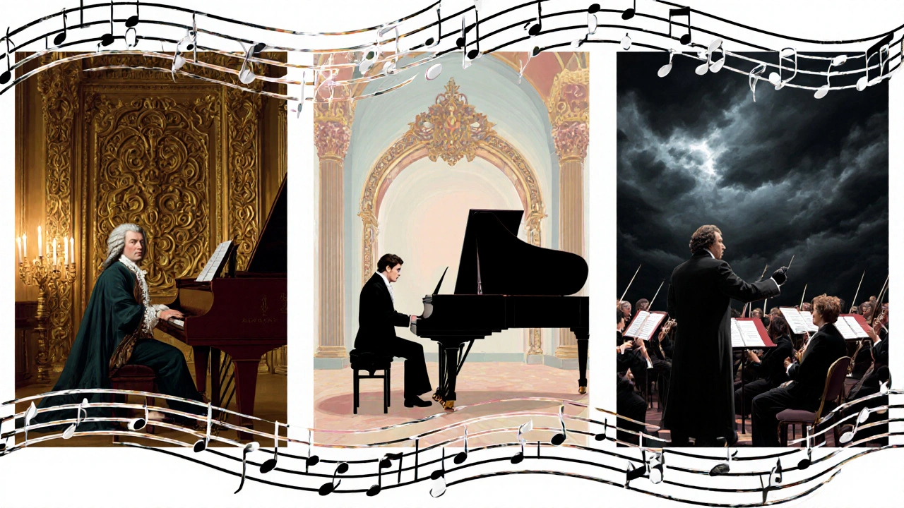 Illustrated three‑panel scene of Bach, Mozart, and Beethoven representing Baroque, Classical, and Romantic eras.