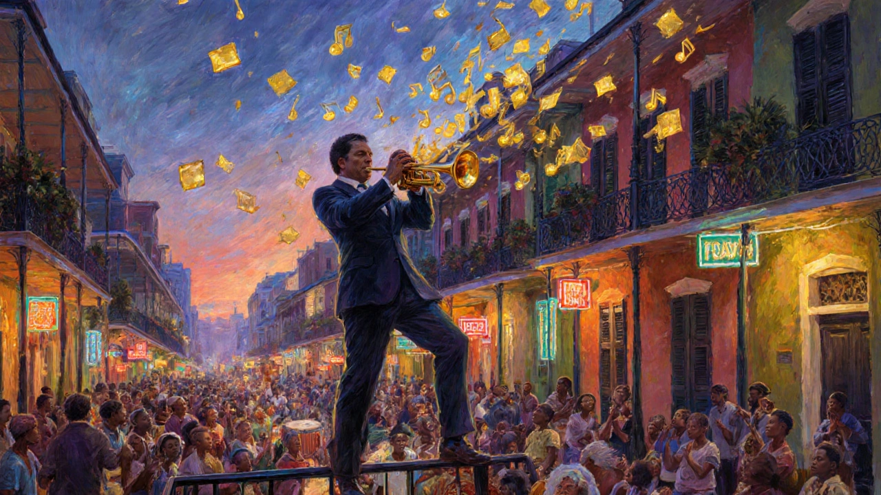 Louis Armstrong playing trumpet in a vibrant New Orleans jazz parade, golden musical notes swirling around him.