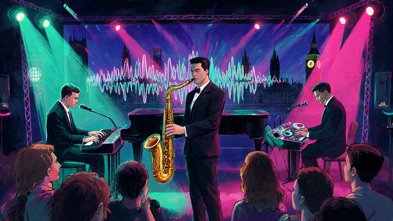 Modern jazz club performance with neon lights and electronic music elements.