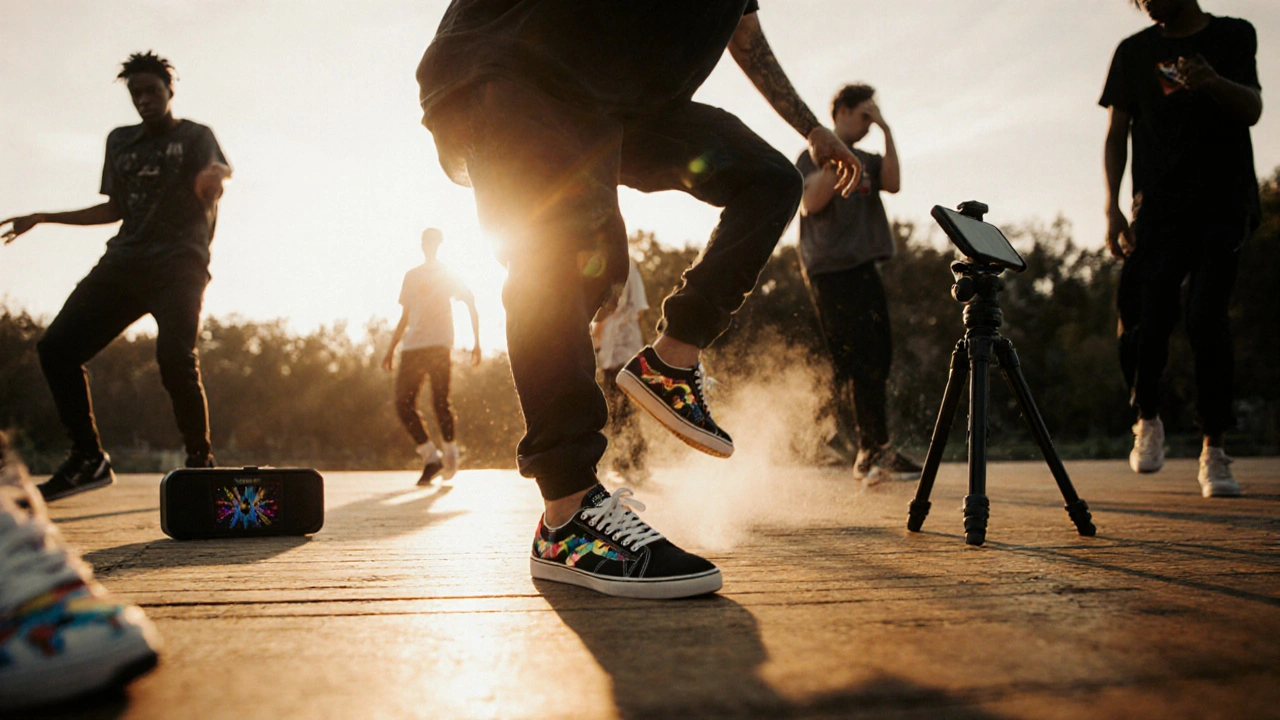 Outdoor rehearsal with dancers practicing dubstep moves at sunset.