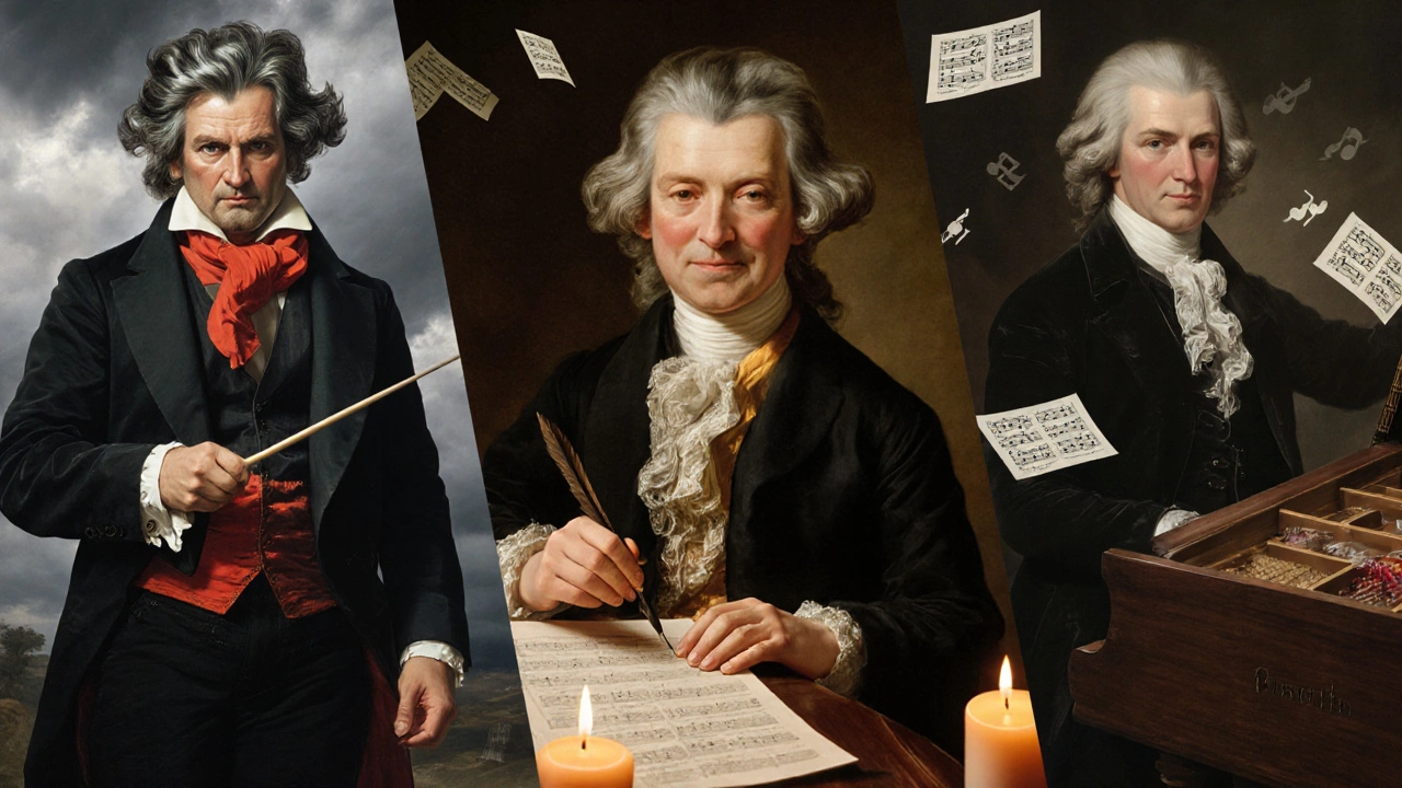 Portraits of Beethoven, Mozart, and Bach showing their distinct traits.