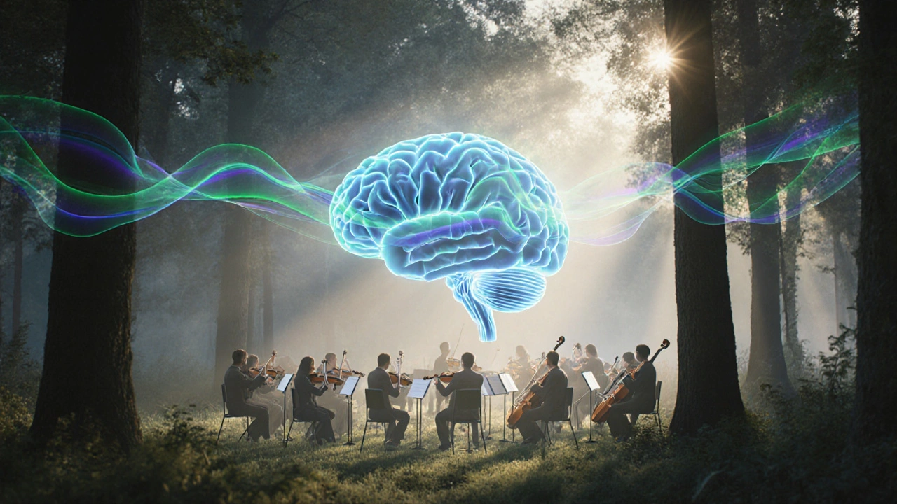 Surreal image of a glowing brain with alpha waves surrounded by a translucent orchestra in a sunrise forest.