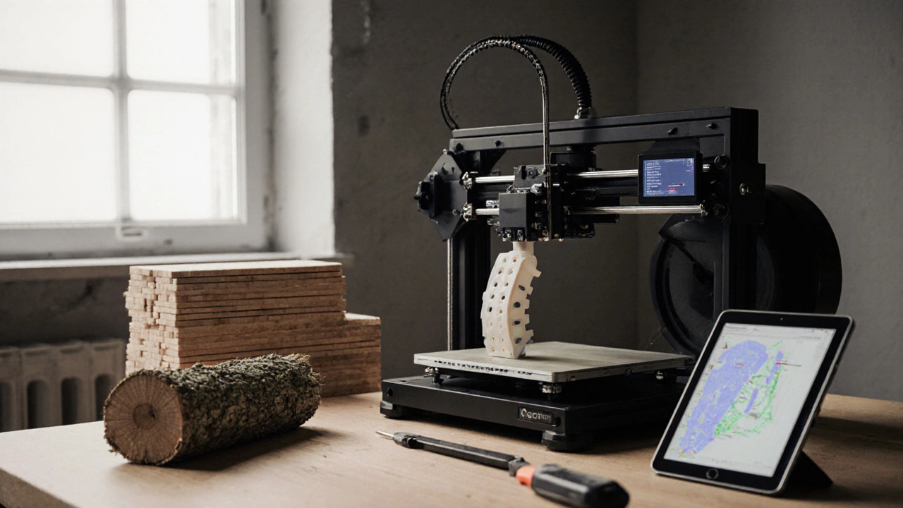 3D printer creating a guitar brace beside sustainably sourced wood, digital simulations visible on a tablet.
