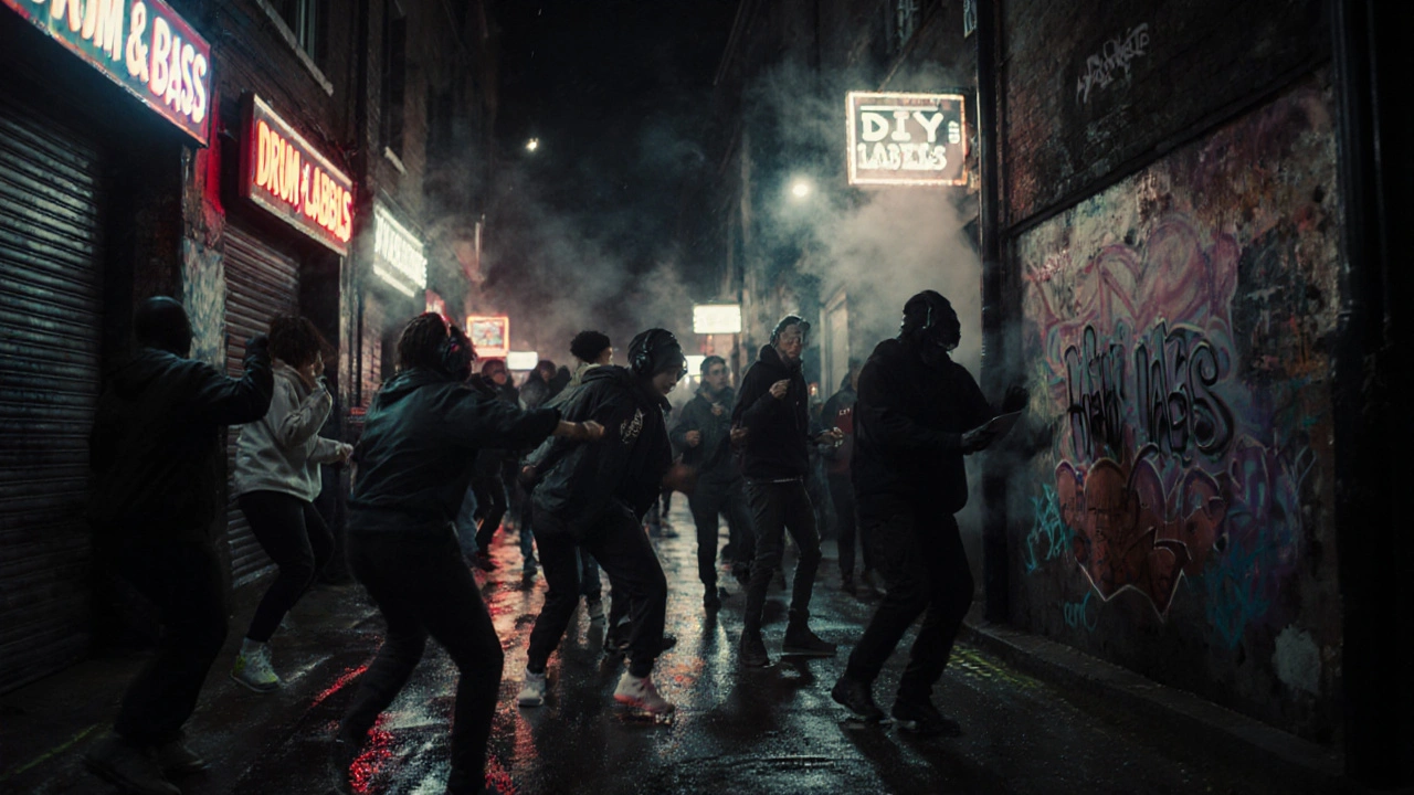 A dark London alley at night with diverse dancers immersed in underground electronic music scenes.