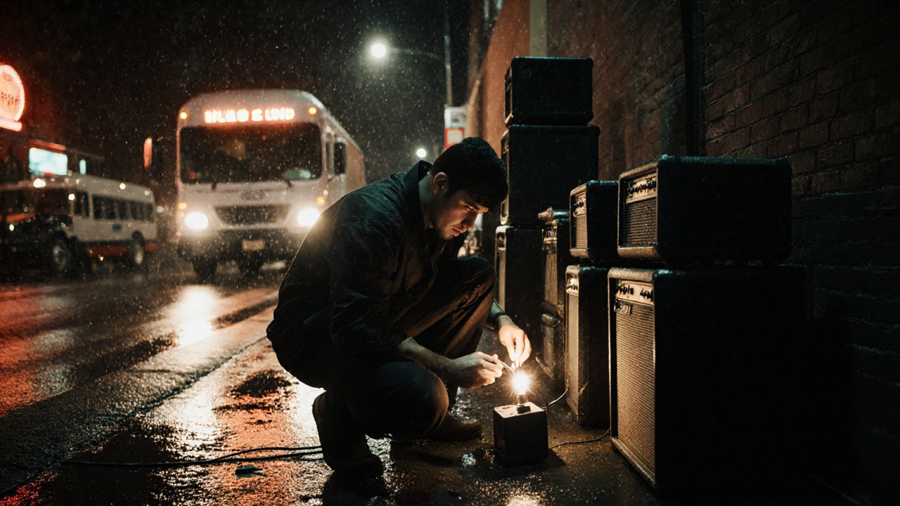 A road crew technician repairs a pedal with a lighter and paperclip in the rain, backstage at night.