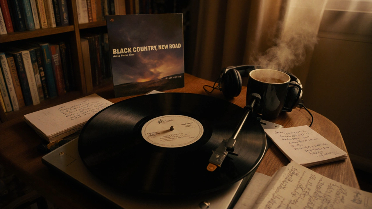 A vinyl record of &#039;Ants From Up There&#039; spinning on a turntable in a cozy apartment at dusk, surrounded by fan notes and headphones.