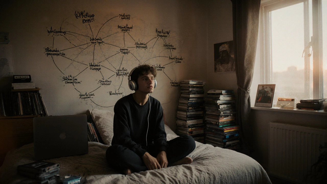 A young person in a sunlit bedroom listening to lo-fi hip hop, surrounded by music memorabilia and a hand-drawn genre map.