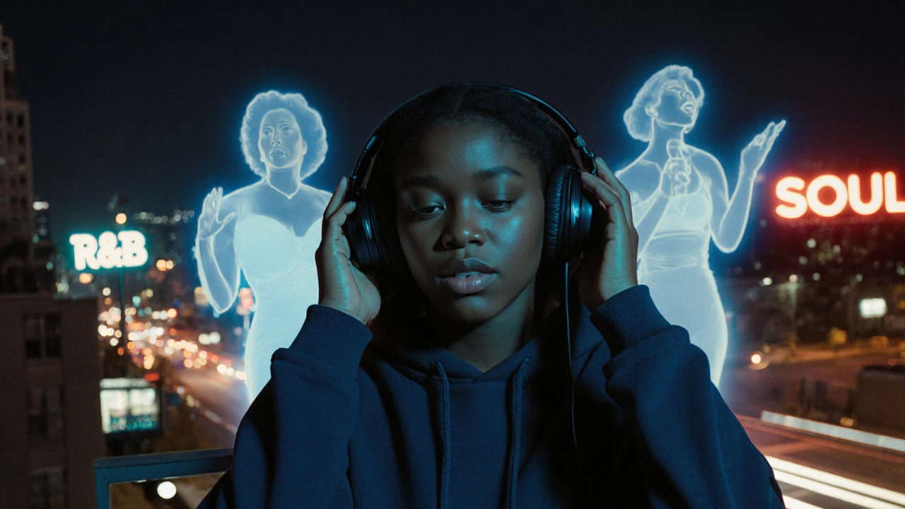 A young woman listening to R&amp;B on a city balcony, with ghostly icons of legendary soul singers surrounding her.