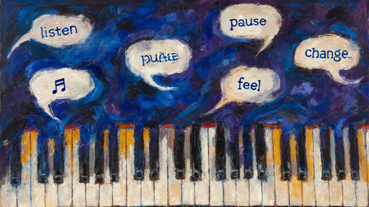 Abstract piano keys dissolving into swirling blues and ochre colors, symbolizing improvisation as emotion.
