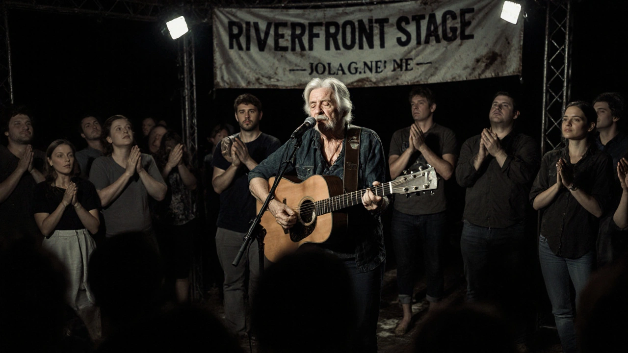 An elderly woman singing a ballad alone on a small stage, silent crowd moved by her music.