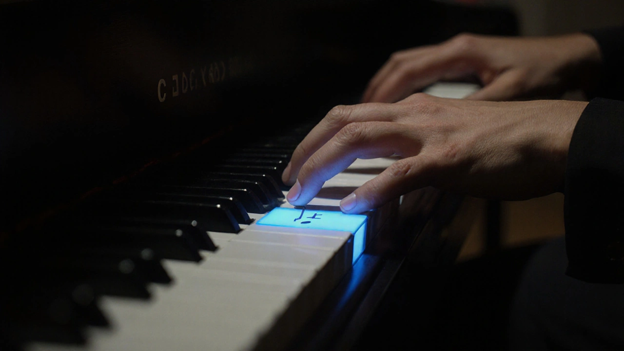 Close-up of piano hands: left playing chords, right hovering over a single blues note in dramatic light.