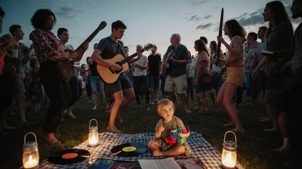 Diverse crowd dancing at a modern blues festival as a guitarist blends slide guitar with didgeridoo.
