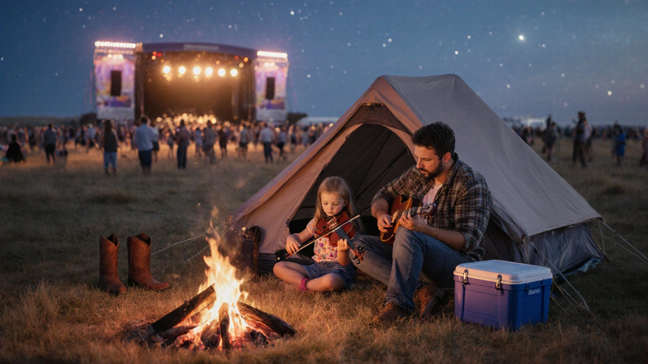 Father teaching daughter to play fiddle at a country music festival campsite at twilight.