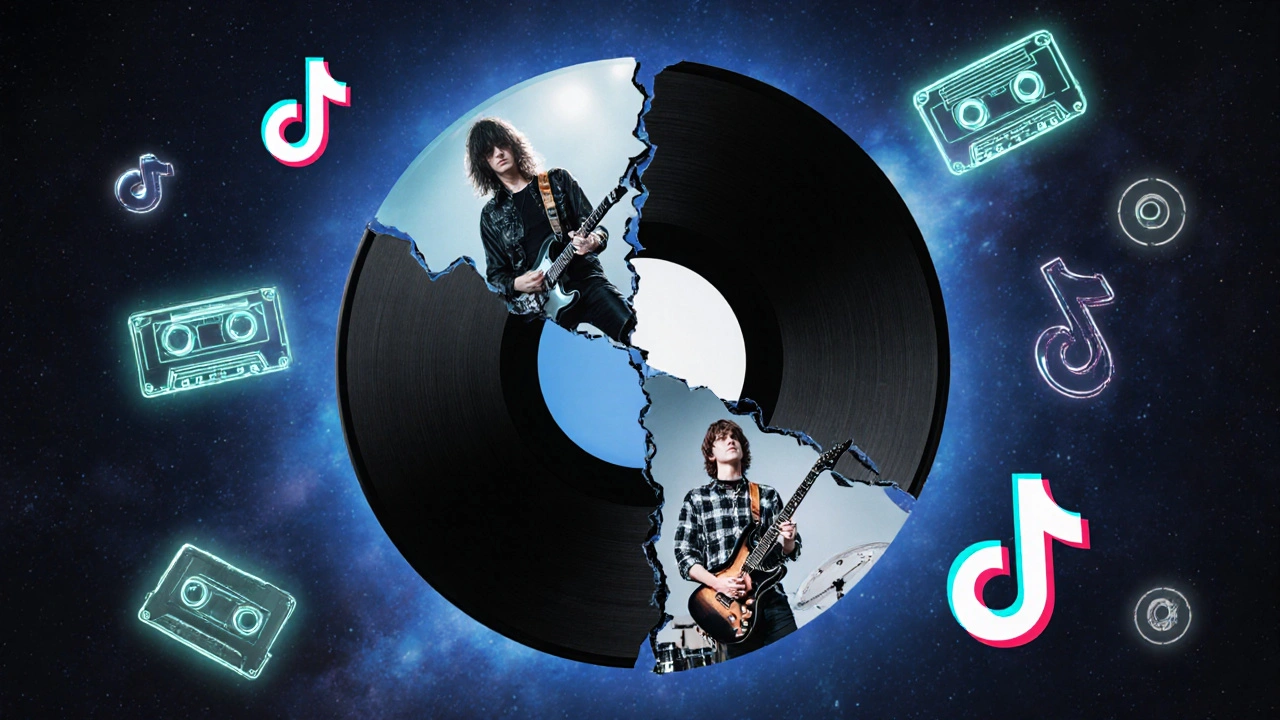 Floating vinyl shards showing rock&#039;s eras, mixed with digital and analog symbols.