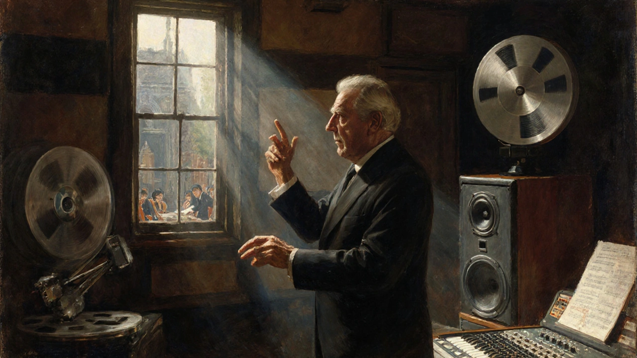 George Martin guides The Beatles in the studio, with musical notes floating like ghosts around analog tape machines.