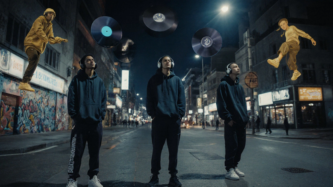 Global youth listening to hip hop, with cultural symbols floating around them in moody city lights.