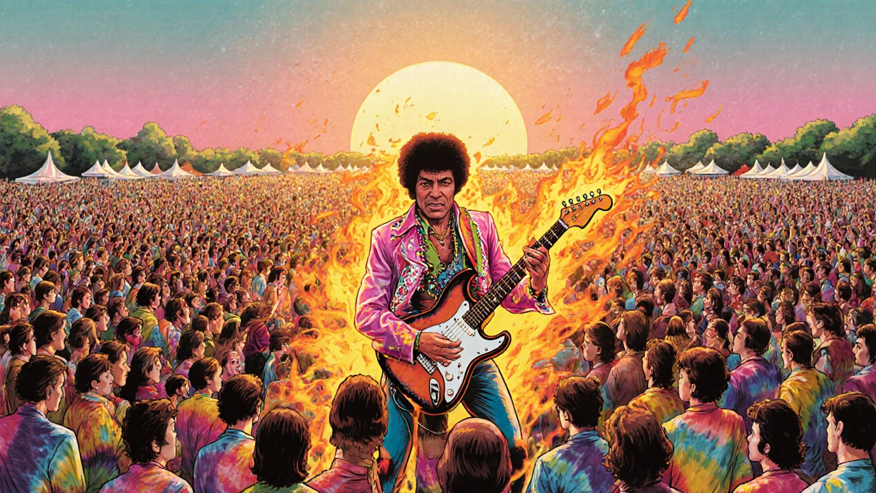 Jimi Hendrix playing at Woodstock 1969, crowd stretched to horizon under psychedelic sky.