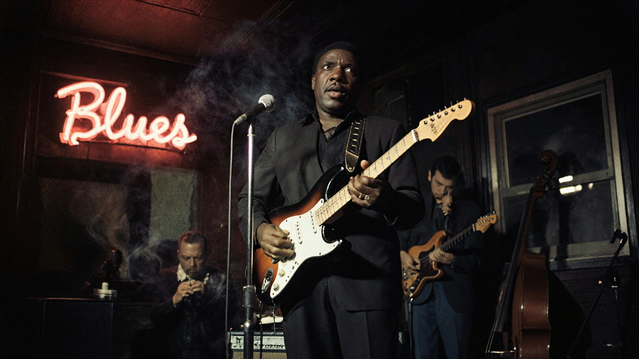 Muddy Waters performing in a 1950s Chicago blues club with electric guitar and smoke-filled atmosphere.