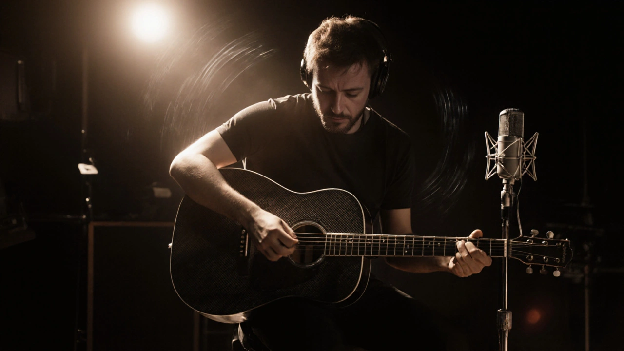 Musician playing a carbon fiber acoustic guitar in a studio, sound waves visible as ripples in the air.