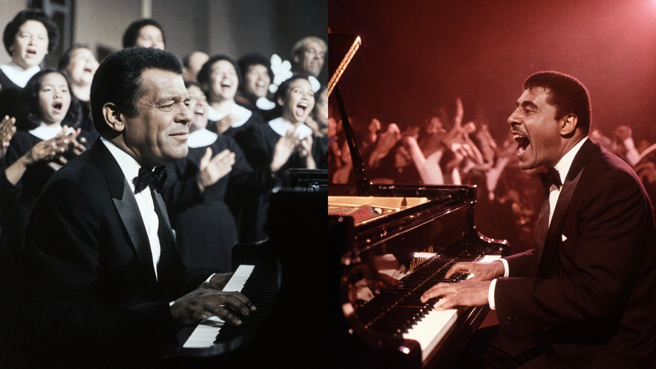 Ray Charles, Little Richard, and Donny Hathaway depicted in vintage film style, each at a piano pouring soul into music.