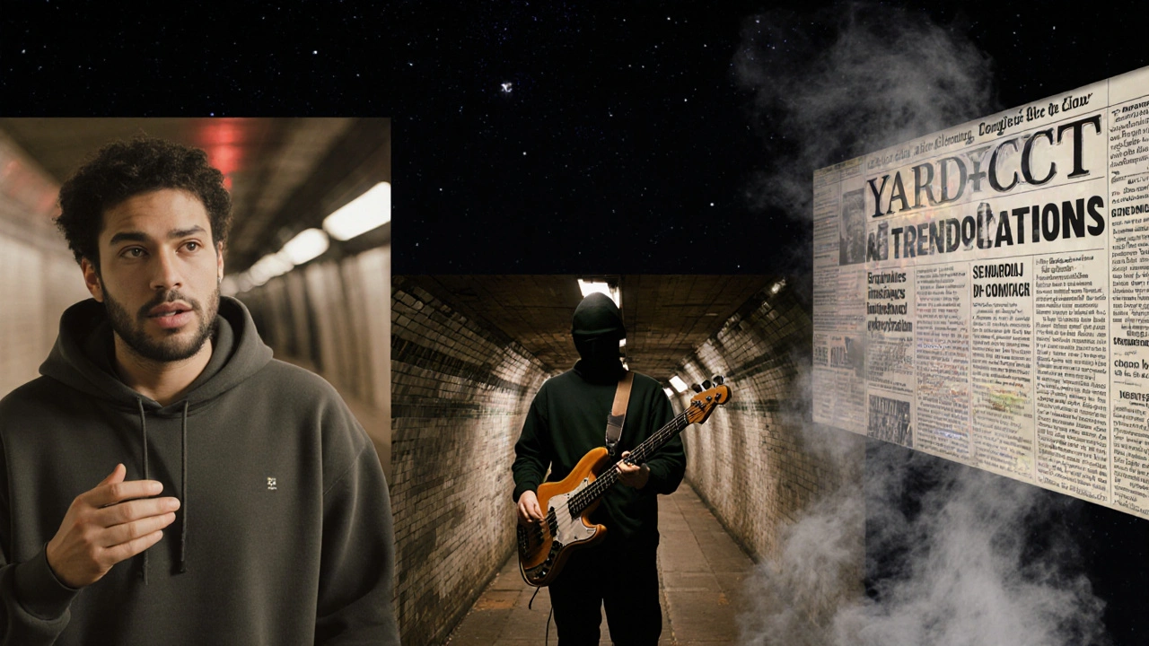 Surreal floating figures of modern rock artists amid sound waves and digital headlines in a starless night sky.