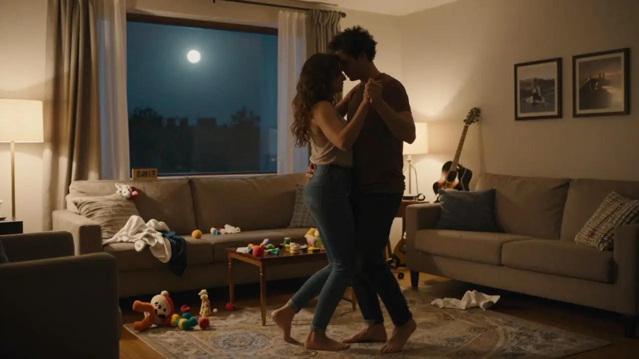 A couple dancing barefoot in their living room under moonlight, surrounded by everyday clutter.