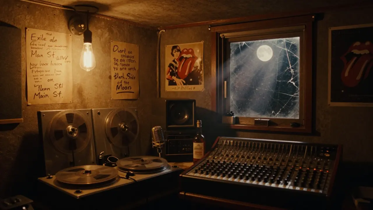 A dim 1970s basement studio with tape reels, lyrics on the wall, and moonlight streaming through a cracked window.