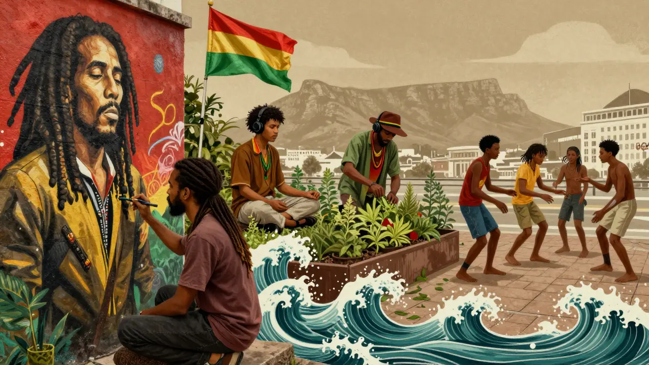 A global mosaic of people — in London, Tokyo, Berlin, and Cape Town — connected by reggae rhythm, painted in earthy tones with flowing basslines as ocean waves.