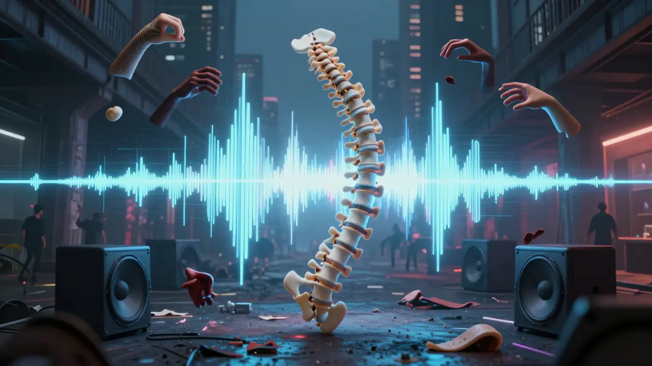 A human spine made of rubber pulses with bass waves, surrounded by floating distorted body parts in a surreal cityscape.