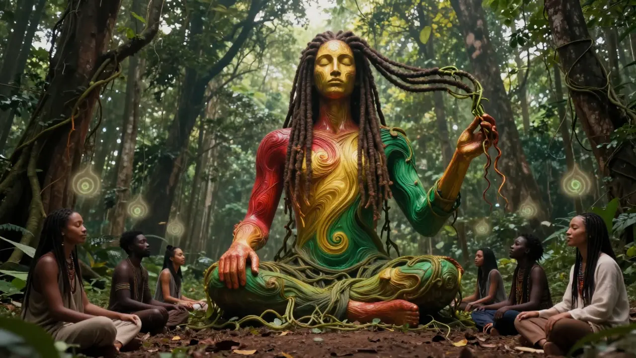 A luminous human form made of Rastafari colors stands in a forest, breathing light, while diverse people around them meditate in silent harmony with the rhythm of life.