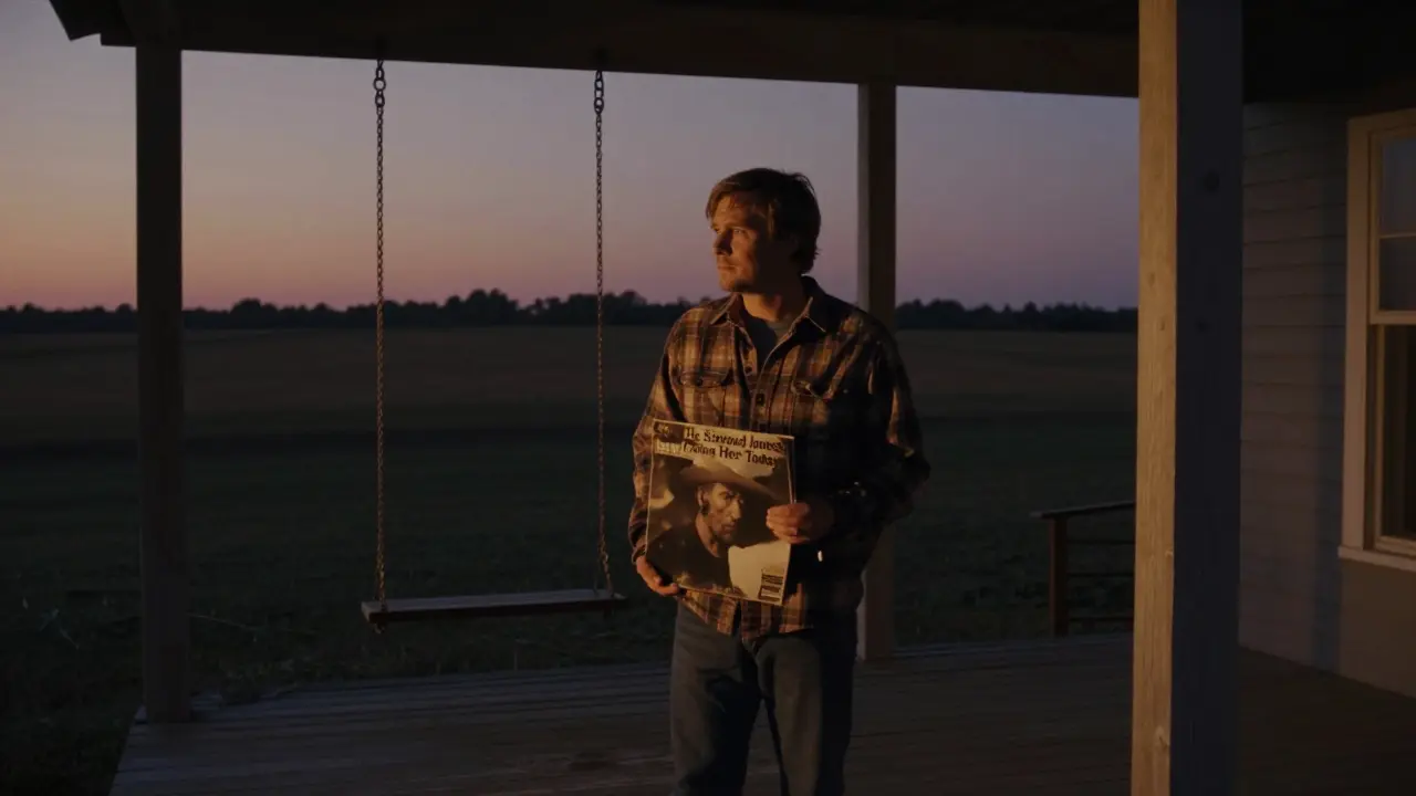 A man on a porch at dusk holding a vinyl record, swing creaking behind him in golden twilight.