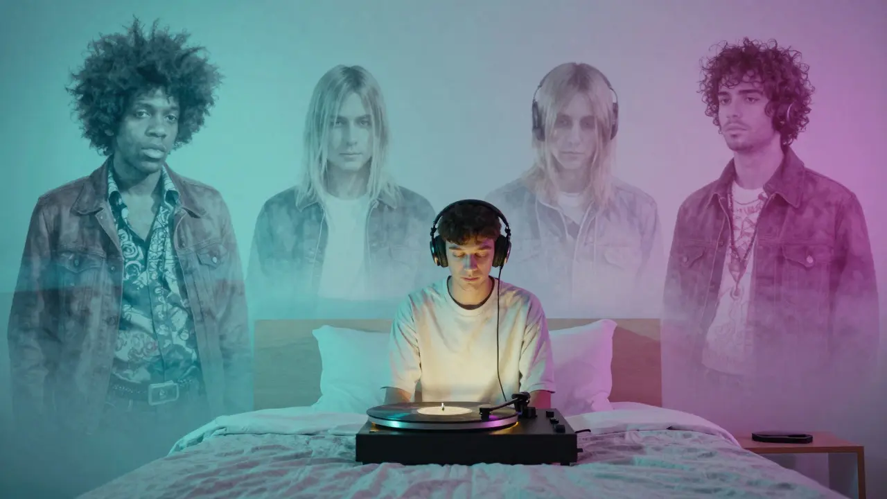 A person listening to a modern rock album in a bedroom, with ghostly echoes of rock legends fading in the walls.