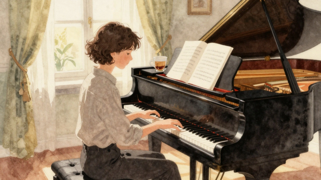 A pianist alone in a sunlit room, lost in quiet reflection at the grand piano.