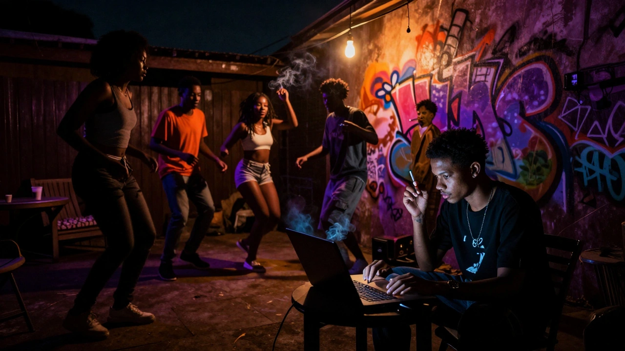 A young producer playing gqom music in a dimly lit Durban backyard at night.