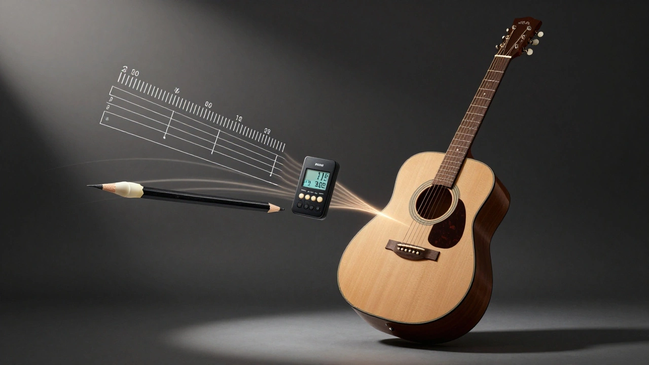 Acoustic guitar floating with visual elements of customization: strings, nut, pin, and tuner.