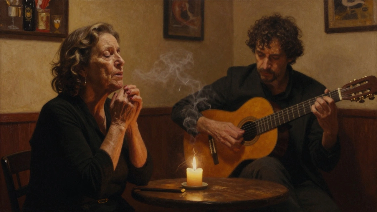 An elderly woman singing fado in a smoky Lisbon tavern with a guitarist.