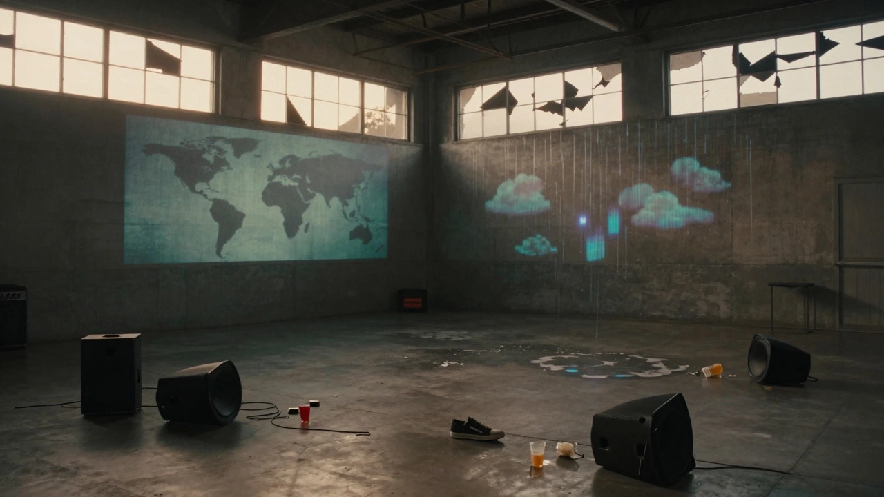Empty warehouse at dawn with ghostly projections of global rhythms fading on the walls.