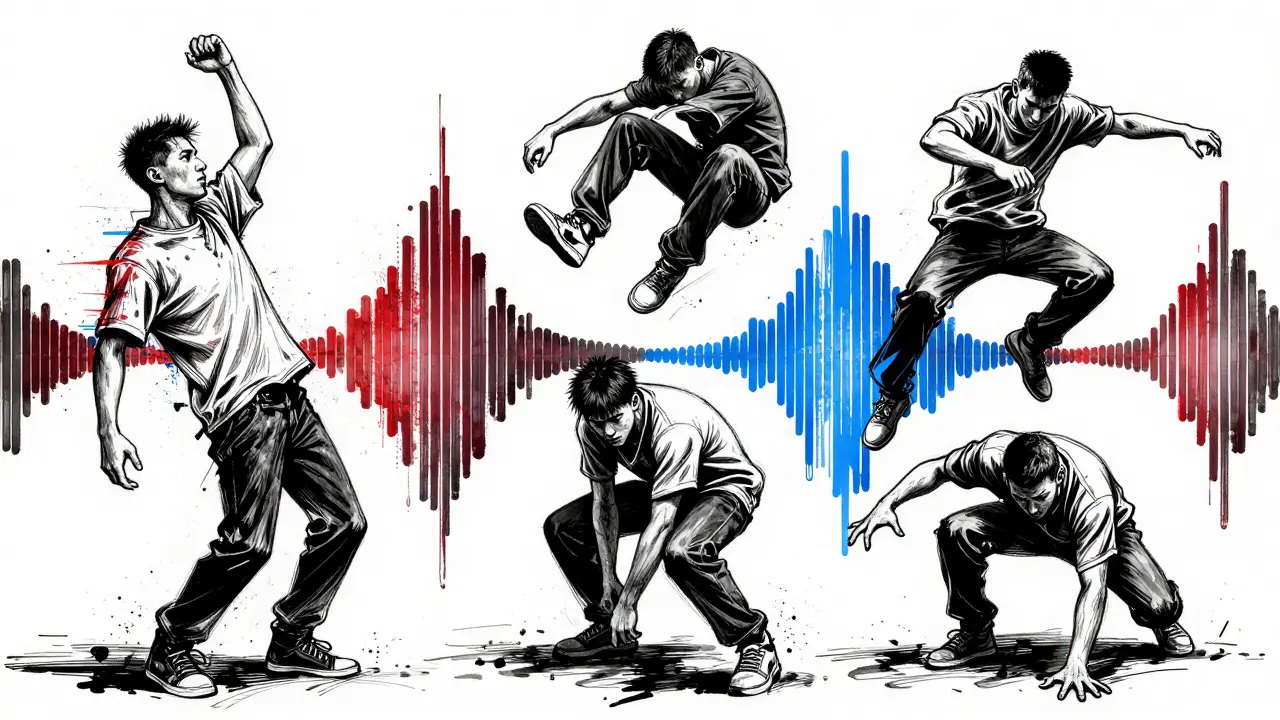 Five stylized figures performing distinct dubstep moves—glitch, freeze, wobble, bounce, and claw—in monochrome with electric accents.