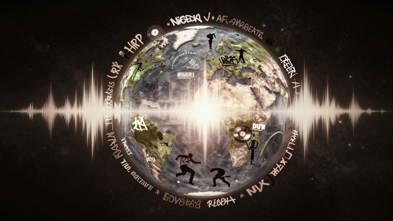 Globe surrounded by global hip hop elements—graffiti, records, and cultural rhythms merging into one.