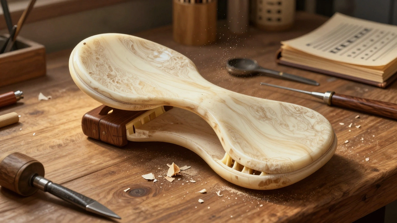 Hand-sanding a bone saddle for acoustic guitar bridge with sanding shavings in air.