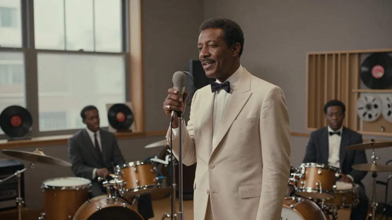 Marvin Gaye recording in a 1960s Motown studio, surrounded by strings and rhythm section in elegant lighting.