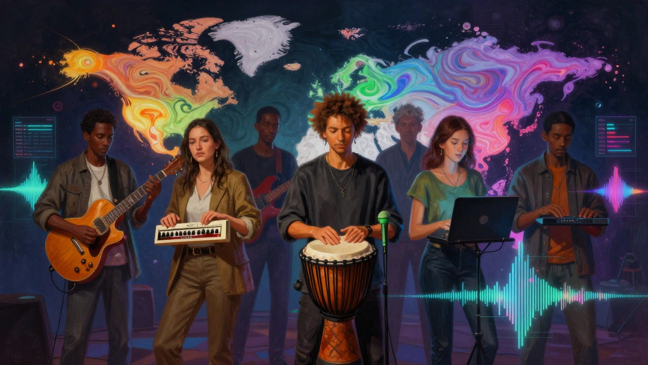 Producers from around the world in a digital space as genre boundaries dissolve into colorful particles.