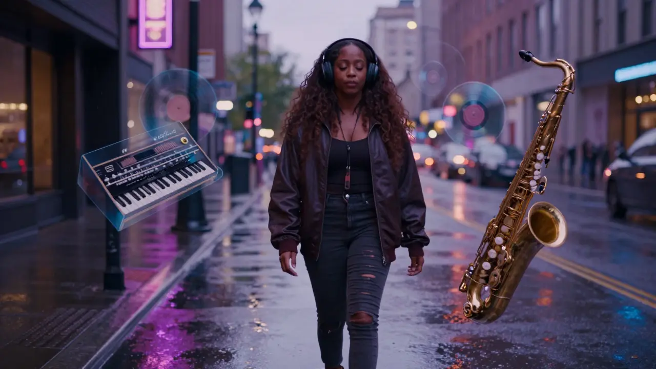 SZA walking alone at dawn in the rain, surrounded by floating musical echoes of classic R&amp;B instruments.