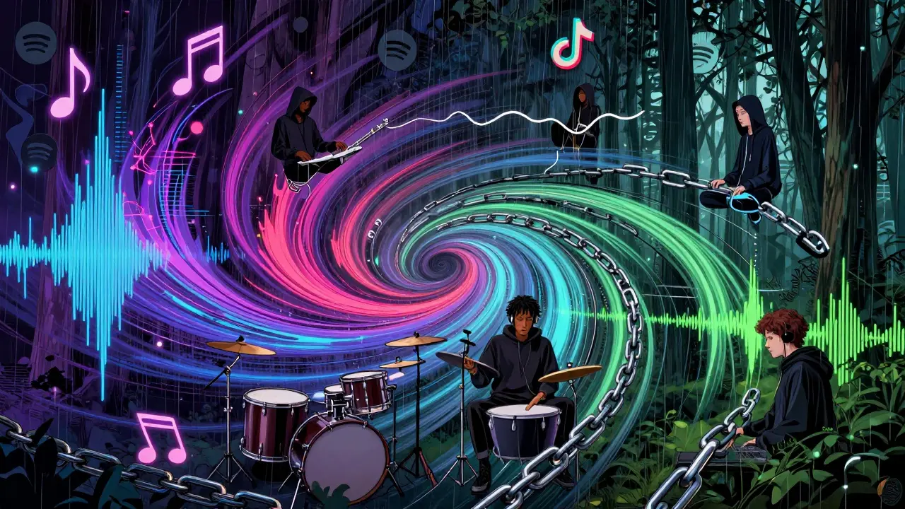 A colorful comic-style vortex of music subgenres swirling around diverse listeners.