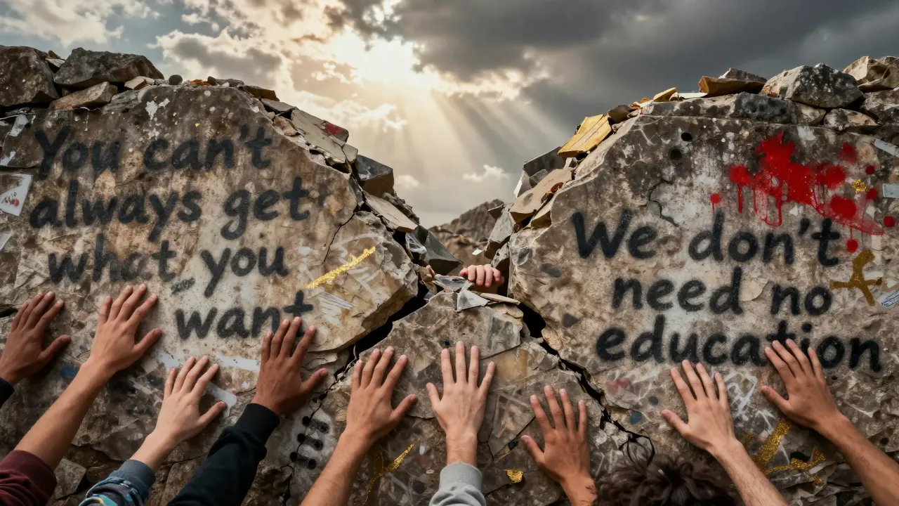 A crumbling wall covered in famous rock lyrics, hands reaching through cracks toward light.
